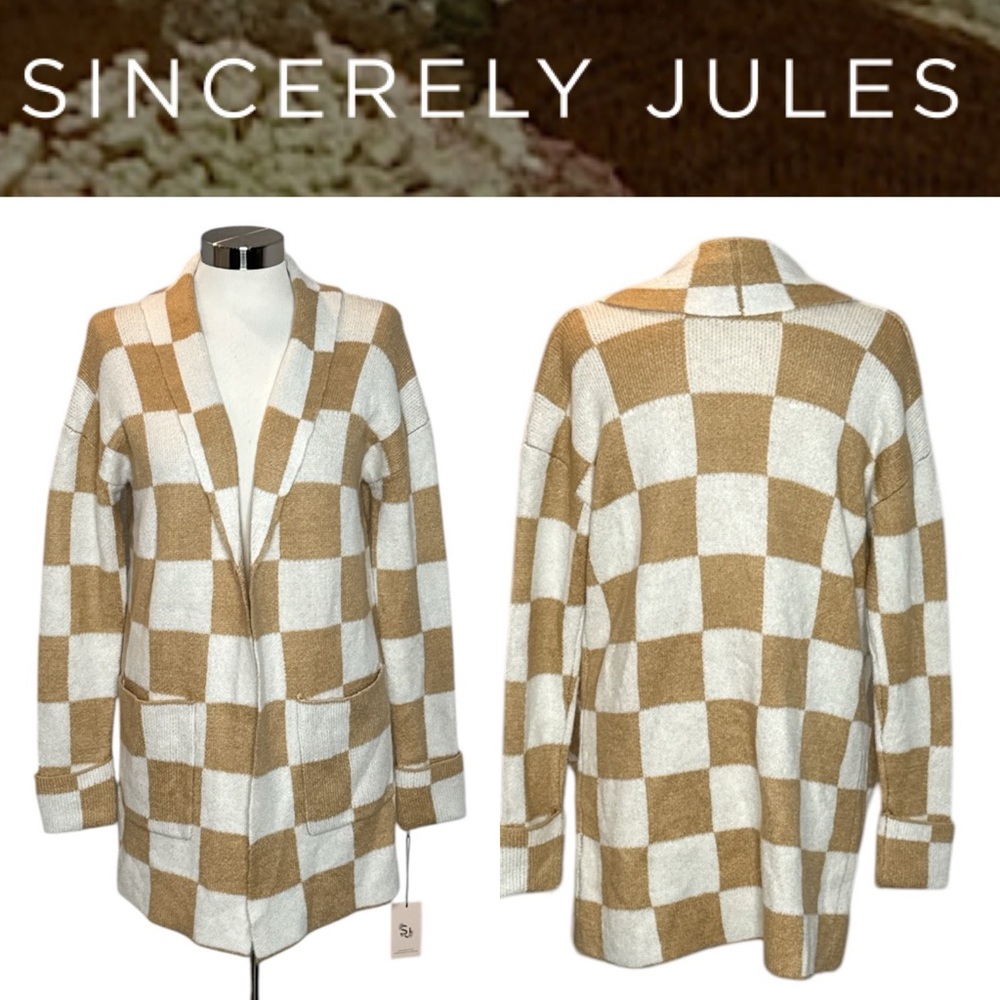 SINCERELY JULES CHECKERBOARD PRINT OPEN FRONT CUFFED CARDIGAN SWEATER **NWT**